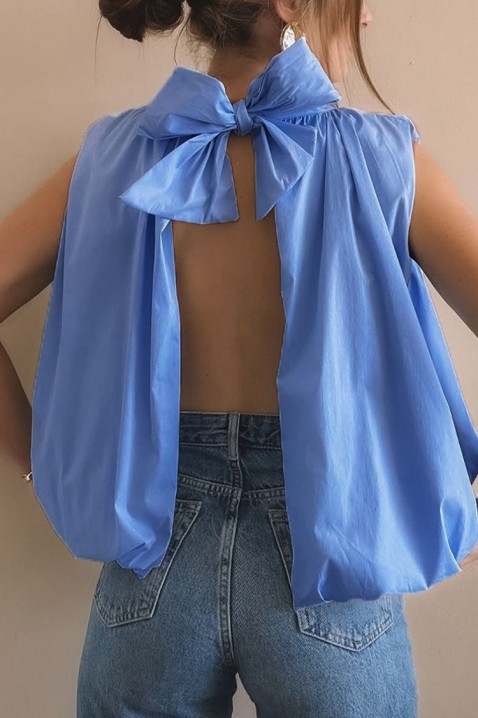 Elegancki damski top z odkrytymi plecami i gustowną wstążką NERINITA BLUE, Kolor : chabrowy, IVET.PL - Modna odzież
