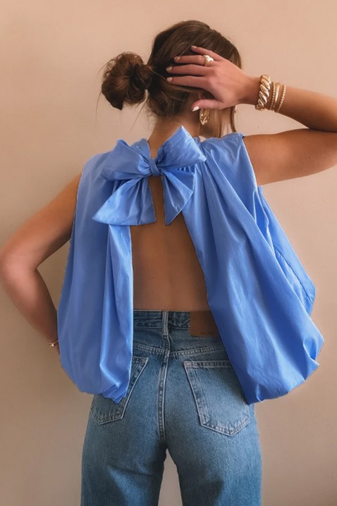 Elegancki damski top z odkrytymi plecami i gustowną wstążką NERINITA BLUE, Kolor : chabrowy, IVET.PL - Modna odzież