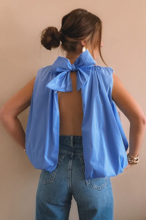Elegancki damski top z odkrytymi plecami i gustowną wstążką NERINITA BLUE, Kolor : chabrowy, IVET.PL - Modna odzież
