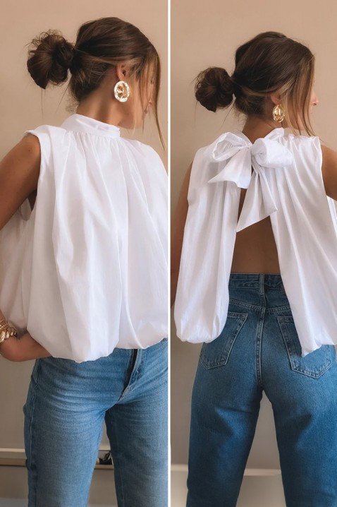 Elegancki damski top z odkrytymi plecami i gustowną wstążką NERINITA WHITE, Kolor : biały, IVET.PL - Modna odzież