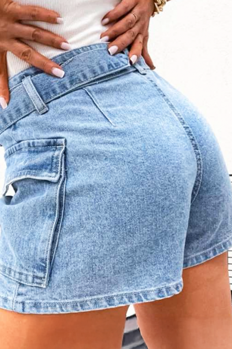 Damskie szorty jeansowe z dekoracyjnym paskiem i kieszeniami cargo KALEDIANA, Kolor : denim, IVET.PL - Modna odzież