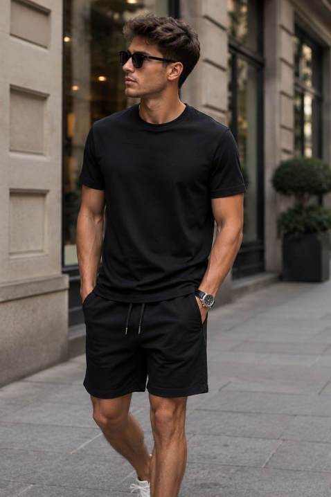 Męski zestaw z T-shirtem z nadrukiem i krótkimi spodenkami JERARDO BLACK, Kolor : czarny, IVET.PL - Modna odzież