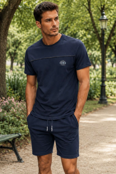 Męski komplet z T-shirtem z nadrukiem i krótkimi spodenkami JERARDO NAVY, Kolor : granatowy, IVET.PL - Modna odzież