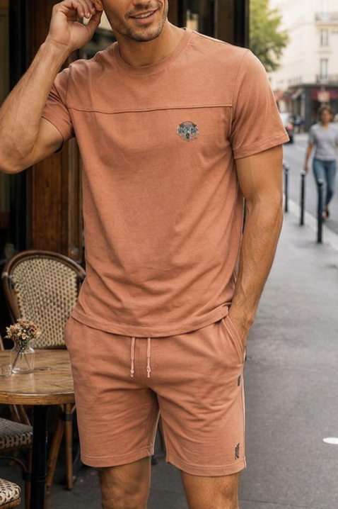 Męski komplet z T-shirtem z nadrukiem i krótkimi spodenkami JERARDO CAMEL, Kolor : brązowy, IVET.PL - Modna odzież