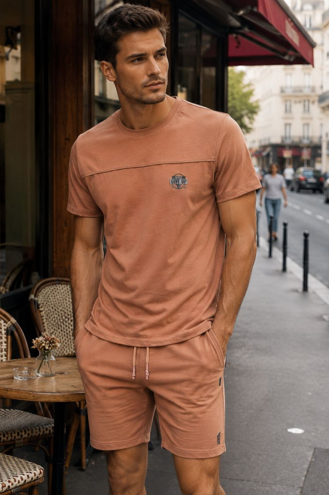 Męski komplet z T-shirtem z nadrukiem i krótkimi spodenkami JERARDO CAMEL, Kolor : brązowy, IVET.PL - Modna odzież