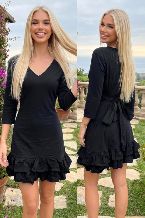 Krótka sukienka z dekoltem w serek, falbanami i wiązaniem na plecach NERINALA BLACK, Kolor : czarny, IVET.PL - Modna odzież