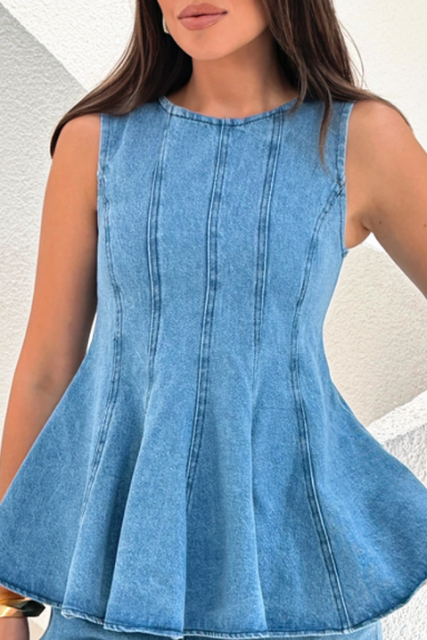 Damski komplet jeansowy z rozkloszowanym topem i krótkimi szortami EFORISIA, Kolor : denim, IVET.PL - Modna odzież