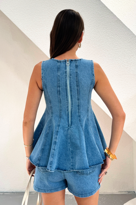 Damski komplet jeansowy z rozkloszowanym topem i krótkimi szortami EFORISIA, Kolor : denim, IVET.PL - Modna odzież