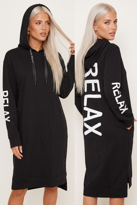 Sukienka midi typu bluza z kapturem i efektownym graficznym napisem RELAXINA BLACK, Kolor : czarny, IVET.PL - Modna odzież