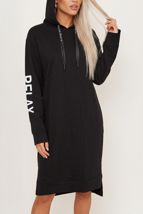 Sukienka midi typu bluza z kapturem i efektownym graficznym napisem RELAXINA BLACK, Kolor : czarny, IVET.PL - Modna odzież