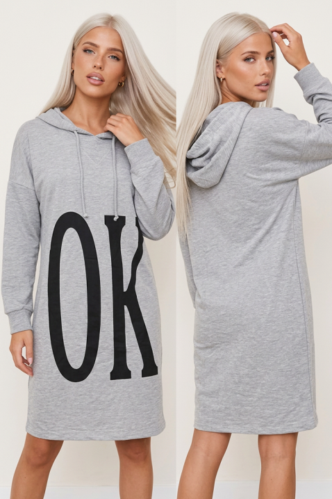 MIDI sukienka typu bluza z kapturem i efektownym nadrukiem MIXENA GREY, Kolor : jasnnoszary, IVET.PL - Modna odzież