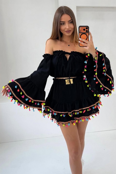 Damski boho komplet z krótkim topem z efektownymi rękawami i mini spódnicą z frędzlami FIESTIA BLACK, Kolor : czarny, IVET.PL - Modna odzież