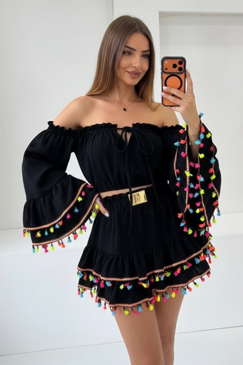 Damski boho komplet z krótkim topem z efektownymi rękawami i mini spódnicą z frędzlami FIESTIA BLACK, Kolor : czarny, IVET.PL - Modna odzież