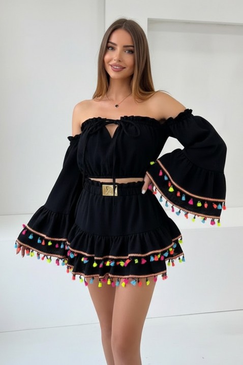 Damski boho komplet z krótkim topem z efektownymi rękawami i mini spódnicą z frędzlami FIESTIA BLACK, Kolor : czarny, IVET.PL - Modna odzież