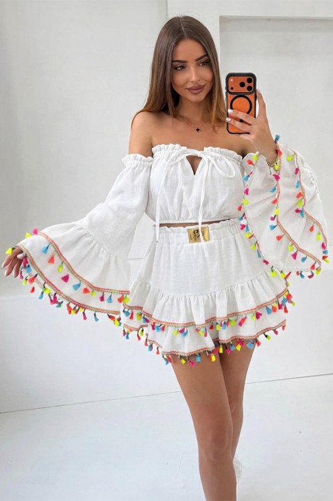 Damski boho komplet z krótkim topem z efektownymi rękawami i mini spódniczką z frędzlami FIESTIA WHITE, Kolor : biały, IVET.PL - Modna odzież