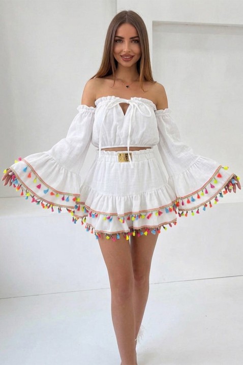 Damski boho komplet z krótkim topem z efektownymi rękawami i mini spódniczką z frędzlami FIESTIA WHITE, Kolor : biały, IVET.PL - Modna odzież