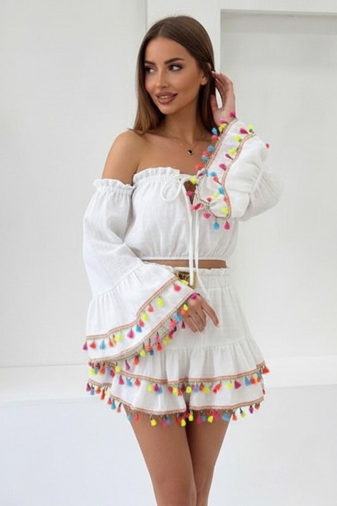 Damski boho komplet z krótkim topem z efektownymi rękawami i mini spódniczką z frędzlami FIESTIA WHITE, Kolor : biały, IVET.PL - Modna odzież