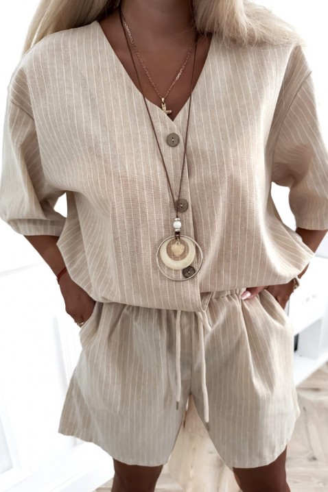 Komplet damski w paski o luźnym kroju z koszulą i krótkimi szortami EFESINA BEIGE, Kolor :  beżowy, IVET.PL - Modna odzież