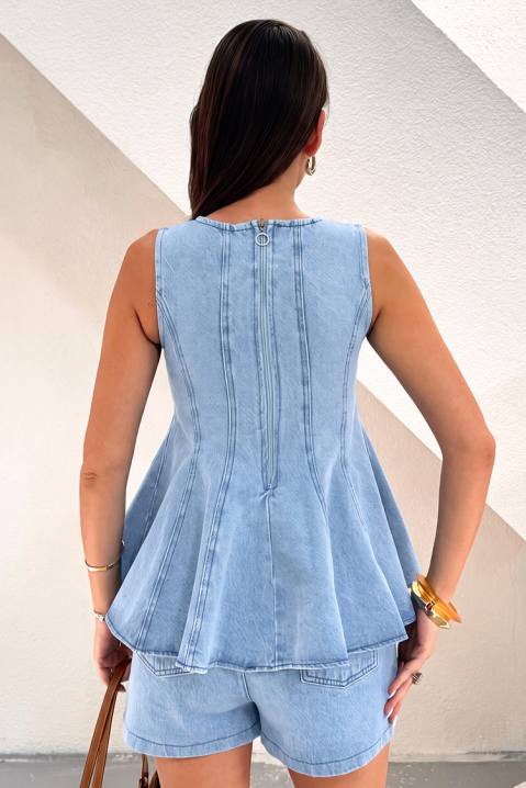 Damski komplet jeansowy z rozkloszowanym topem i krótkimi szortami EFORISIA, Kolor : denim, IVET.PL - Modna odzież