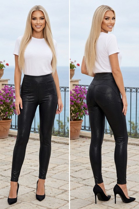 Elastyczne wyszczuplające damskie legginsy z wysokim stanem i połyskującym wykończeniem LUCENTINA BLACK, Kolor : czarny, IVET.PL - Modna odzież