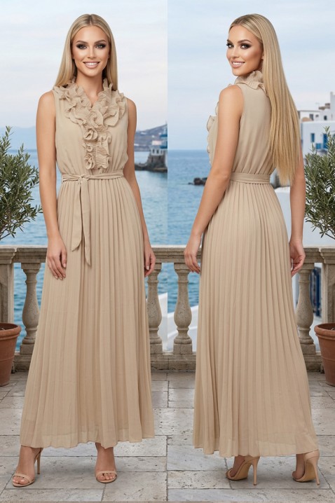 Elegancka sukienka z paskiem i falbanami VAVETA BEIGE, Kolor :  beżowy, IVET.PL - Modna odzież