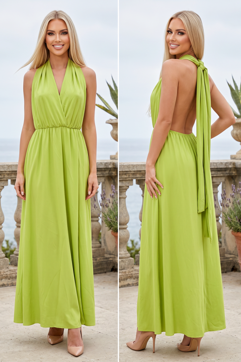Elegancka długa sukienka z dekoltem halter, odkrytymi plecami i długimi wiązaniami AMARIVELSA LIME, Kolor : limonkowy, IVET.PL - Modna odzież