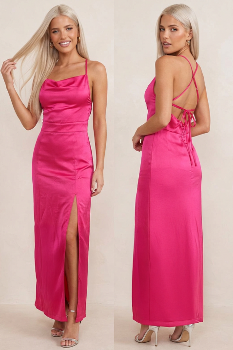Sukienka midi z satyny z odkrytymi plecami i subtelnym połyskiem ISALINE FUCHSIA, Kolor : fuksja, IVET.PL - Modna odzież