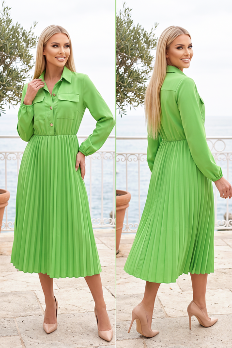 Elegancka sukienka midi koszulowa z plisowaną spódnicą i podkreśloną talią SAVENORA GREEN, Kolor : zielony, IVET.PL - Modna odzież