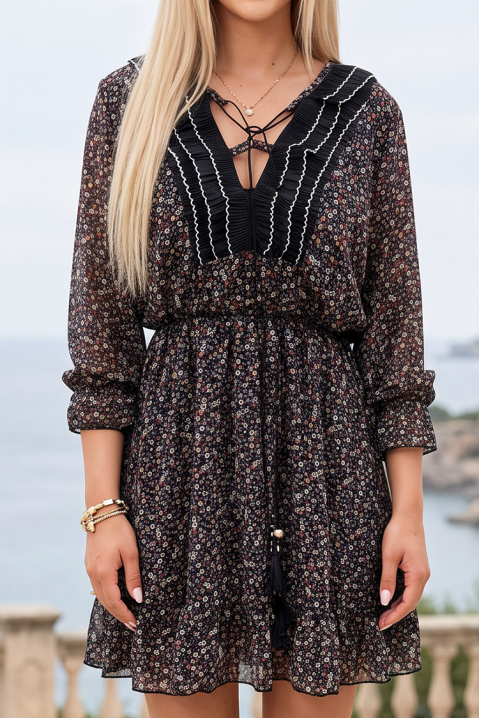 Wyjątkowa krótka boho sukienka z delikatnym kwiatowym wzorem i seksownym dekoltem z efektownymi wiązaniami ALVESTRA BLACK, Kolor : wielokolorowy, IVET.PL - Modna odzież