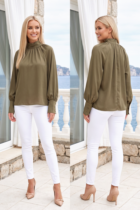Stylowa damska bluzka z wysokim kołnierzem i długim rękawem z szerokimi mankietami SERFOLIA KHAKI, Kolor : khaki, IVET.PL - Modna odzież