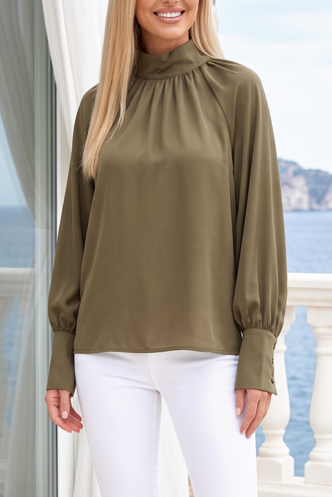 Stylowa damska bluzka z wysokim kołnierzem i długim rękawem z szerokimi mankietami SERFOLIA KHAKI, Kolor : khaki, IVET.PL - Modna odzież