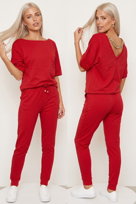 Sportowo-elegancki damski komplet dwuczęściowy z metalowym detalem i spodniami typu jogger PREVELA RED, Kolor : czerwony, IVET.PL - Modna odzież