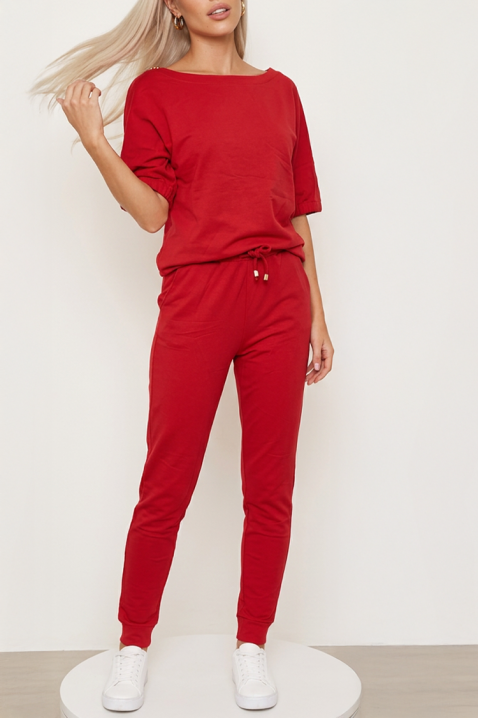 Sportowo-elegancki damski komplet dwuczęściowy z metalowym detalem i spodniami typu jogger PREVELA RED, Kolor : czerwony, IVET.PL - Modna odzież