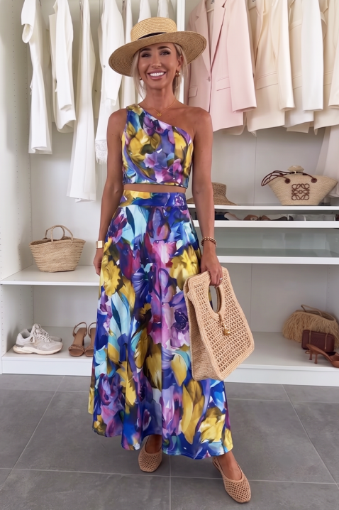 Damski kwiecisty komplet na jedno ramię z elegancką spódnicą LENORE BLUE, Kolor : wielokolorowy, IVET.PL - Modna odzież