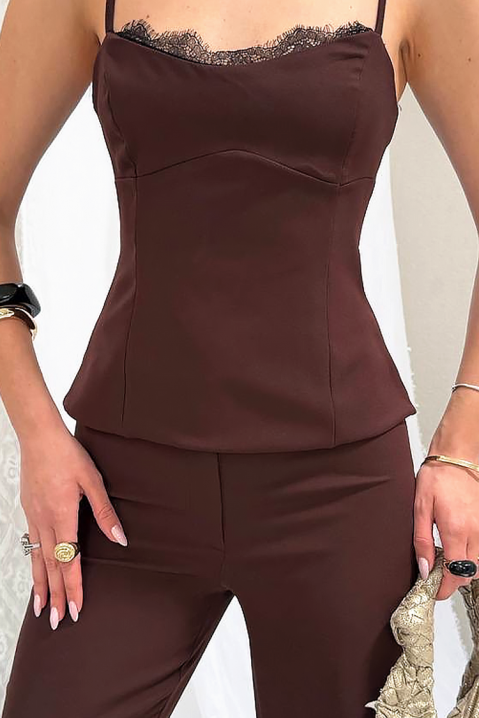 Damski elegancki komplet z akcentem na plecach i koronkowymi detalami MOREZIA BROWN, Kolor : brązowy, IVET.PL - Modna odzież