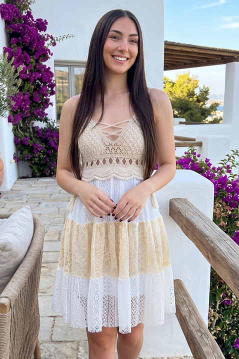 Mini sukienka z koronki w stylu boho JACIRA BEIGE, Kolor : biały z beżowym, IVET.PL - Modna odzież