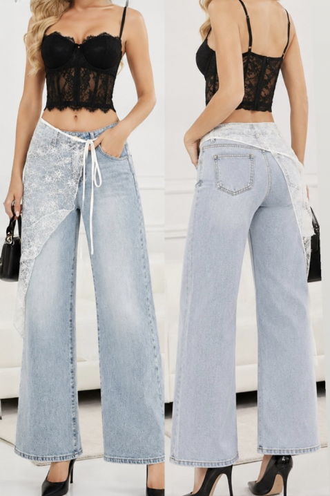 Szerokie damskie jeansy z efektownym ozdobnym koronkowym paskiem VEILIA, Kolor : denim, IVET.PL - Modna odzież