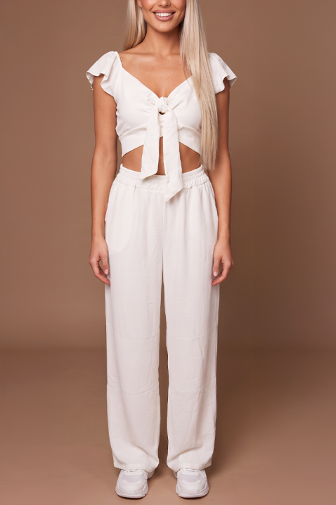 Letni damski zestaw dwuczęściowy szerokie spodnie i crop top z wiązaniami SVENSELA WHITE, Kolor : biały, IVET.PL - Modna odzież