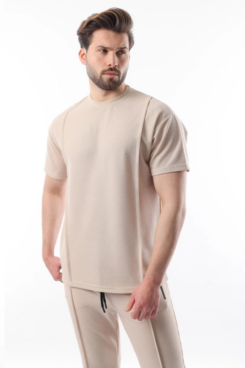 Męski komplet z tłoczonej, strukturalnej tkaniny ze spodniami i t-shirtem KASTORO, Kolor :  beżowy, IVET.PL - Modna odzież