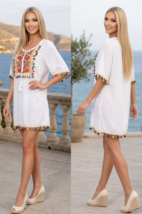 Boho sukienka tunika z etnicznym haftem i kolorowymi frędzlami EROSALIA WHITE, Kolor : biały, IVET.PL - Modna odzież