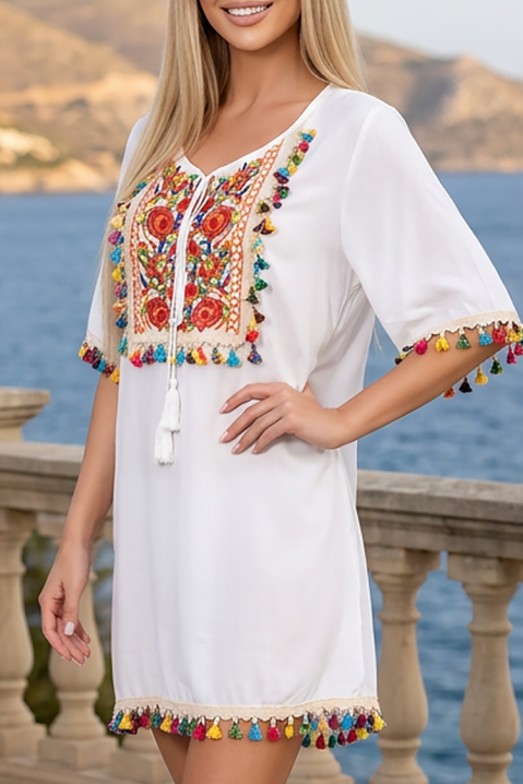 Boho sukienka tunika z etnicznym haftem i kolorowymi frędzlami EROSALIA WHITE, Kolor : biały, IVET.PL - Modna odzież