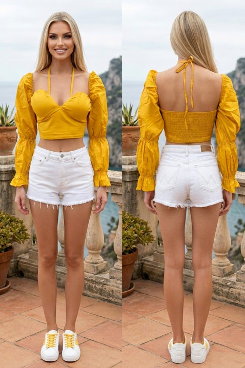 Krótka bluzka typu bustier z bufiastymi rękawami AMAREVIA MUSTARD, Kolor : musztardowy, IVET.PL - Modna odzież