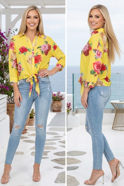 Damska koszula z kolorowym, akcentującym nadrukiem i wiązaniem z przodu FAVENORA YELLOW, Kolor : żółty, IVET.PL - Modna odzież