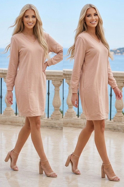 Sportowa-elegancka sukienka z dekoltem w kształcie litery V i długim rękawem SPORTISA BEIGE, Kolor :  beżowy, IVET.PL - Modna odzież