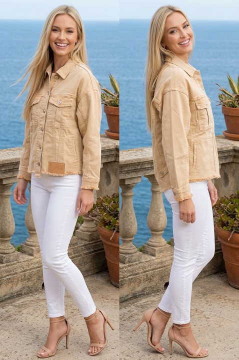 Krótkia kurtka jeansowa o luźnym kroju z kieszeniami SABRIELA BEIGE, Kolor :  beżowy, IVET.PL - Modna odzież