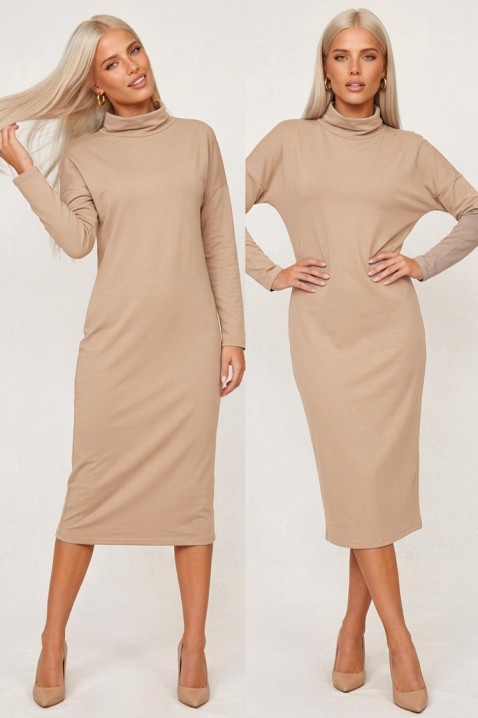 Prosta sukienka midi o luźnym, prostym kroju z wysokim kołnierzem CORSAVENA BEIGE, Kolor :  beżowy, IVET.PL - Modna odzież