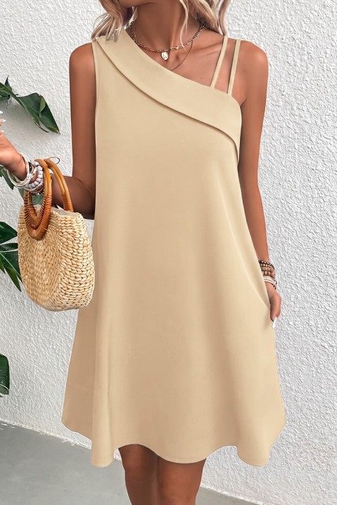 Elegancka krótka sukienka z asymetrycznym dekoltem i luźnym fasonem IVRINIA BEIGE, Kolor :  beżowy, IVET.PL - Modna odzież