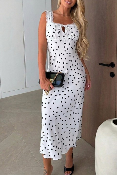 Elegancka sukienka midi w groszki na koronkowych ramiączkach DELINSA WHITE, Kolor : biały, IVET.PL - Modna odzież