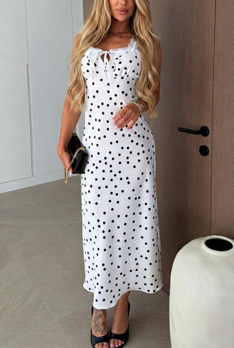 Elegancka sukienka midi w groszki na koronkowych ramiączkach DELINSA WHITE