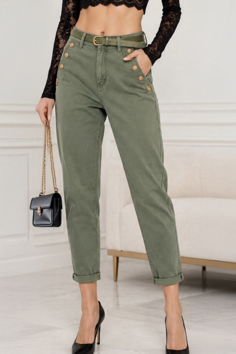 Stylowe damskie jeansy z wysokim stanem i dekoracyjnymi metalowymi guzikami RAVENZIA KHAKI, Kolor : khaki, IVET.PL - Modna odzież